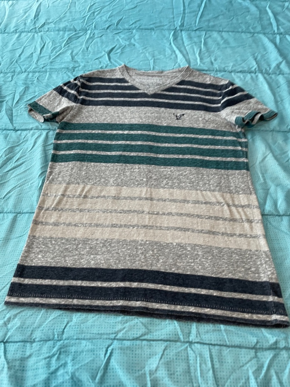 A/E Striped V-Neck Women's Shirt in Gray, Teal & Navy - Casual Everyday Tee R12